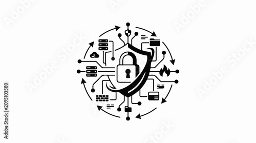 Digital security concept with shield lock and network icons