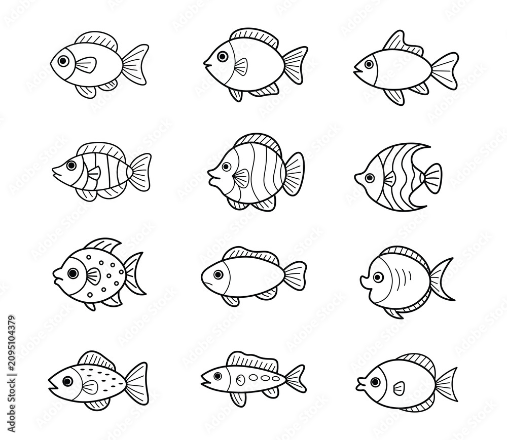 Fototapeta premium Cute Outline Fish Collection with Cartoon Aquarium and Tropical Marine Vector Icons