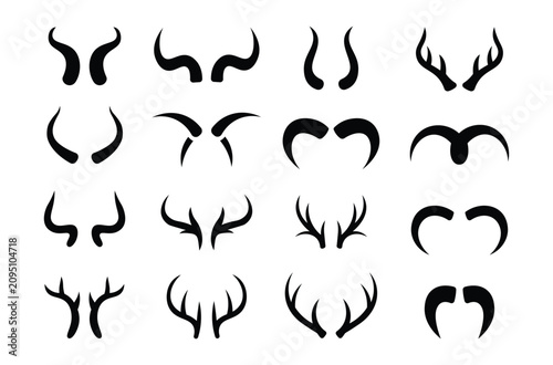 Animal Horn Icons Set Vector Collection with Deer Antlers and Bull Horn Shapes