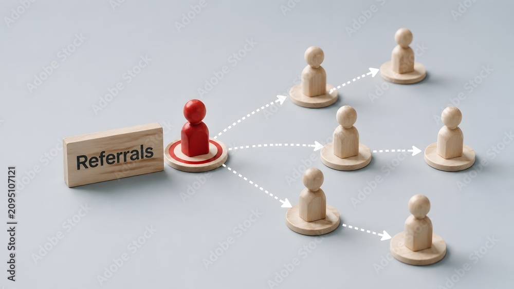 Obraz premium Targeted referral marketing strategy with red wooden figure sending arrows to network connections