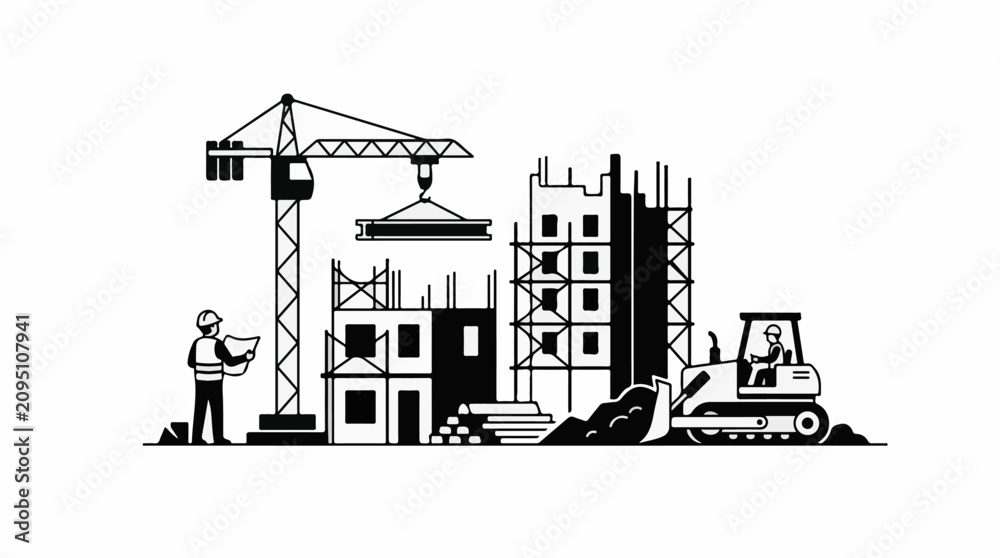 Fototapeta premium Construction site with crane bulldozer builder and buildings