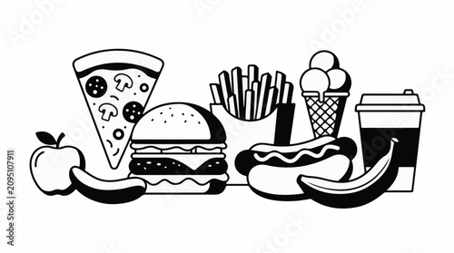 Fast food assortment with fruits