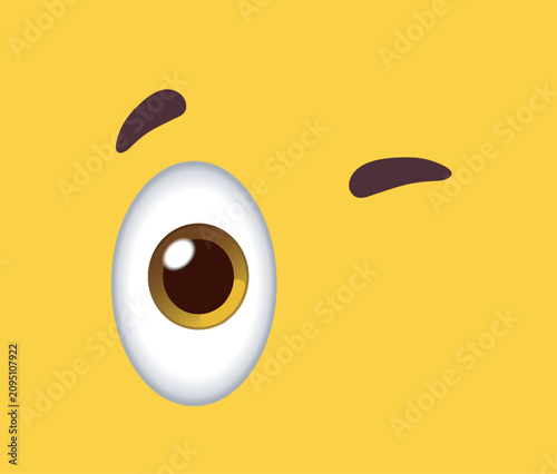 Bild auf Leinwand Single visible brown cartoon eye looking sideways with uneven eyebrows, expressi