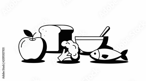 Simple line art illustration of a balanced meal with an apple bread broccoli fish and bowl