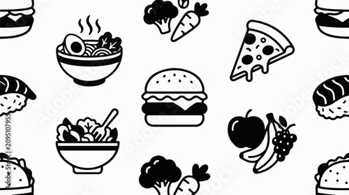 Whimsical cartoon food icons repeat in a seamless pattern on white