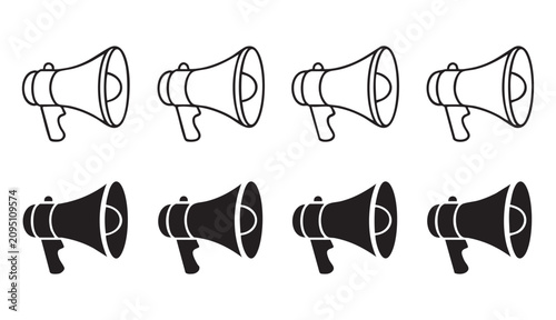 Foto Outline and solid black megaphone icons displayed in two rows on a transparent grid