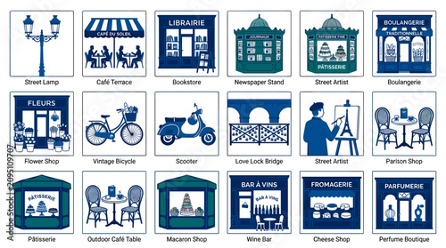 Paris Street Shops and Local Landmarks Flat Icons Set in Blue and Green Minimal Style, Vector Illustration