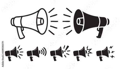 Valokuva Large megaphone icons and collection of smaller loudspeaker symbols with diverse sound indicators set
