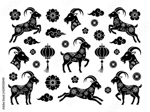 Fotografie Chinese Zodiac Goat Silhouette Set with Floral Patterns, Lanterns, Clouds and Tr