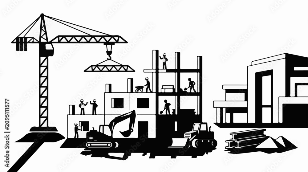 Obraz premium Construction site with crane workers and machinery building structures