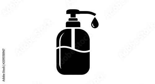 Vector illustration of black icon of a soap dispenser bottle with a drop of liquid on a transparent background