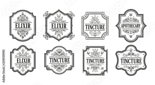 Elegant vintage ornate labels with intricate flourishes featuring 'Elixir' and 'Tincture' text, concept for traditional apothecary branding, herbal medicine packaging, and organic cosmetic design.