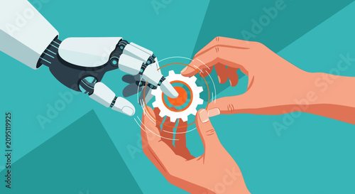 Robotic arm and human hands holding a glowing gear, illustrating AI collaboration and technological innovation for digital transformation, future of work, and industry 4.0 concepts
