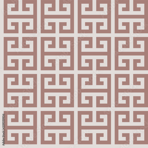 Greek key geometric pattern created from horizontal and verical blush lines on a pale grey background