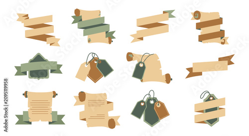 Vintage paper banners with scroll elements and blank tags for a retro design collection, ideal for sale promotions, certificate templates, and decorative labels.