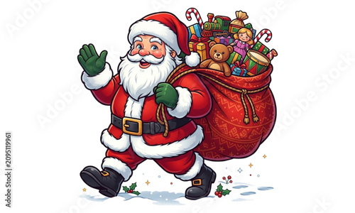 Santa Claus Walking and Carrying Huge Sack Full of Christmas Toys Vector Illustration