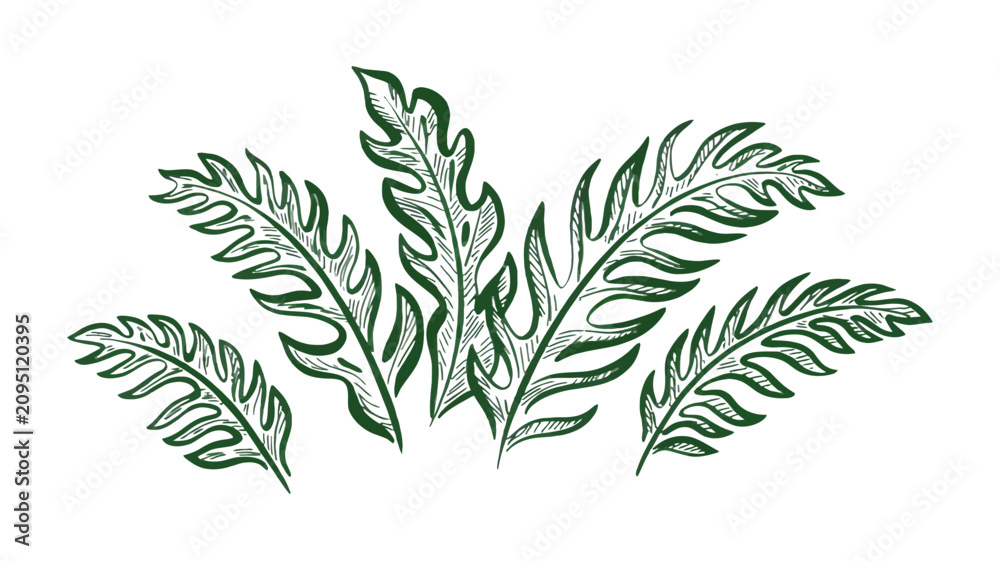Fototapeta premium Vintage hand drawn tropical leaves, dark green engraved fern foliage vector, botanical sketch of exotic jungle greenery for invitation design