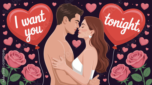 Konstfotografi Romantic couple in intimate embrace with I want you tonight text, Valentine's Da