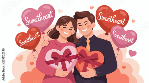 Foto Romantic couple celebrating Valentine's Day with heart shaped gifts, happy man a