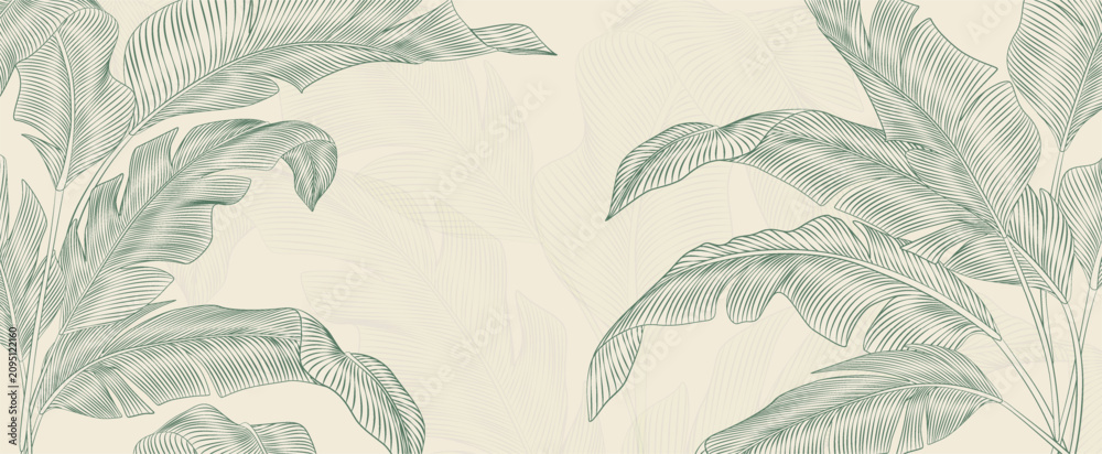 Fototapeta premium Luxury tropical art background with exotic leaves in a hand-drawn line style. Botanical banner for decor, prints, wallpaper, textiles, posters, and interiors.