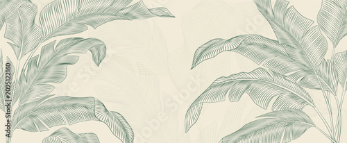 Luxury tropical art background with exotic leaves in a hand-drawn line style. Botanical banner for decor, prints, wallpaper, textiles, posters, and interiors.
