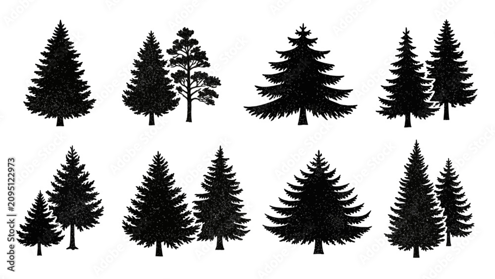 Obraz premium Collection of Silhouetted Evergreen Trees, Including Pine and Fir Varieties, Against a White Background.