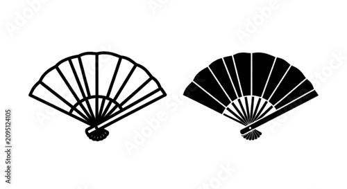 Minimal black silhouette icon, simple flat vector, bold black shape, no gradients, no shading set of folding fans, outline and silhouette icons on a, flat icon style