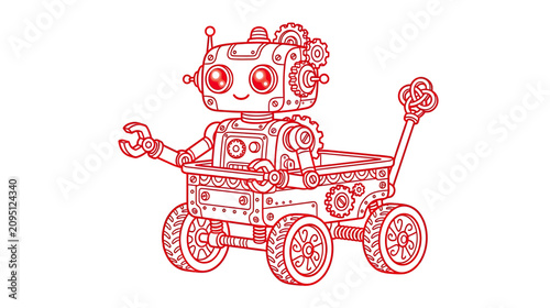 Obraz na plátně Cute Steampunk Robot with Cart - Red Line Art Illustration