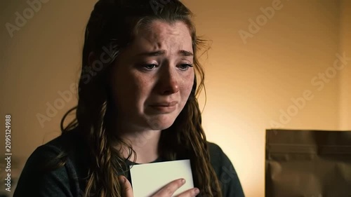 Emotional Portrait of a Young Woman Holding a Blank Card Over Her Heart with Tears in Her Eyes Evoking Vulnerability and Reflection in a Soft Background Setting