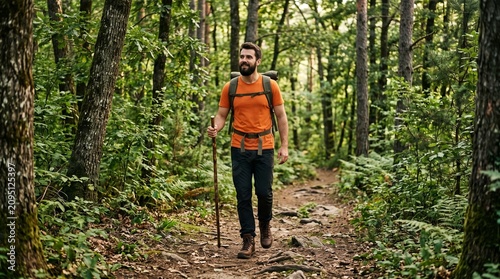 Hiker exploring a forest trail surrounded by greenery
