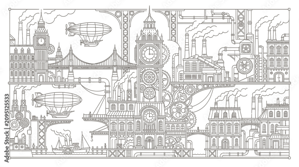 Obraz premium Steampunk Cityscape with Airships and Victorian Architecture