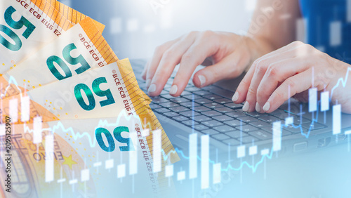 Online banking, financial trading on laptop with euro banknotes and digital stock market chart overlay showing investment growth and currency analysis