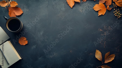 Autumnal scene coffee, books, & leaves on dark surface