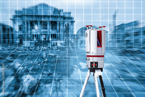 3D laser scanning, surveying damaged urban building, engineer capturing site data for reconstruction and BIM modeling with digital grid overlay