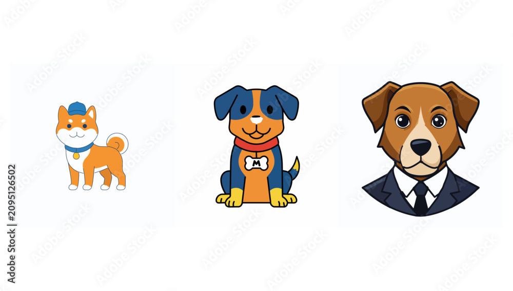 Fototapeta premium Three stylized dog mascot characters and logo emblems on white background