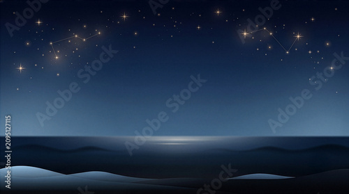 星座が輝く静寂の夜空と海：幻想的でロマンチックな背景素材　Silent Night Sky and Sea with Shining Constellations: Dreamy and Romantic Background Material