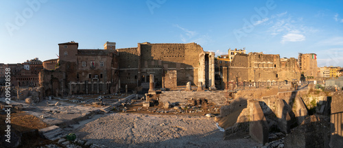 Panoramic view of the Forum of Augustus (Foro di Augusto)  with the Temple of Mars Ultor at sunset in Rome, Italy
