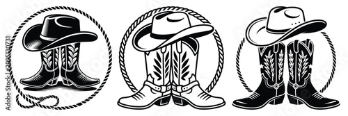 Fotografie Cowboy Hat and Boots Vector Illustration Set, Rustic Cowboy Hat Boots Illustrati