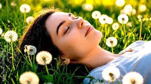 A beautiful young woman lying down on green grass with closed eyes, surrounded by fluffy white dandelions in golden sunlight, capturing a moment of peace, relaxation, and mindfulness.