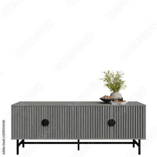 Obraz na plátně Minimalist gray sideboard with decorative vase and plant on top against a black background