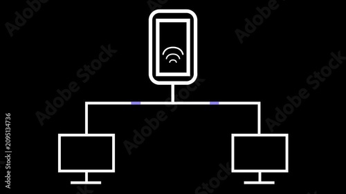 Animated white line art icon of a smartphone sharing a mobile hotspot connection with two desktop computers on a black background.
