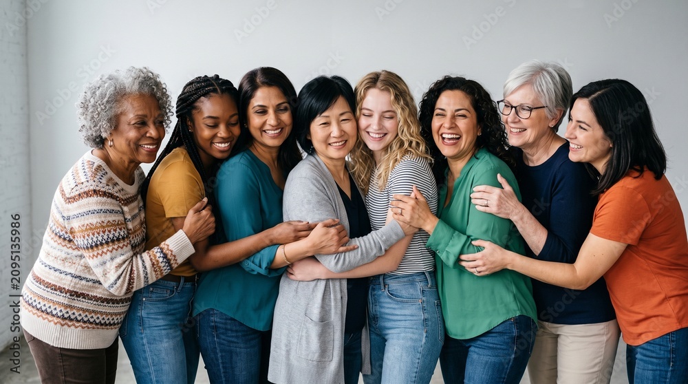 Fototapeta premium Diverse group of women of different ages and ethnicities embracing and laughing together in a studio setting