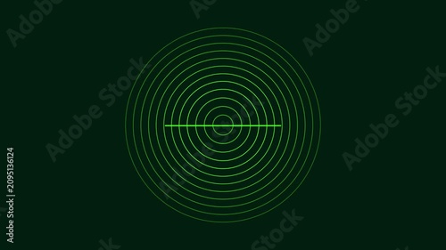 Green radar screen scanning motion with concentric circles and rotating line animation 4k sonar