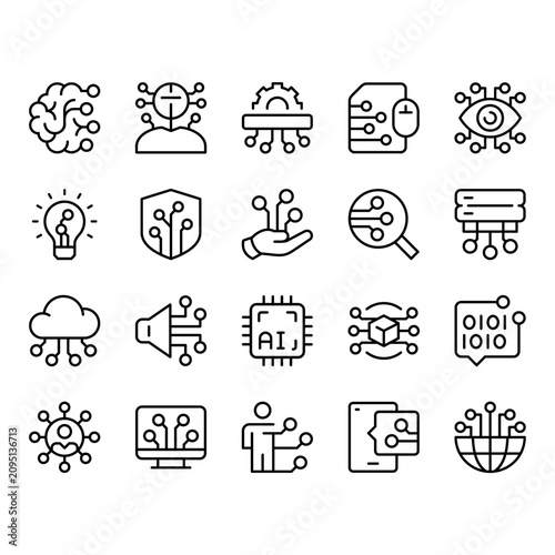 Modern AI and Digital Technology Thin Line Icon Collection