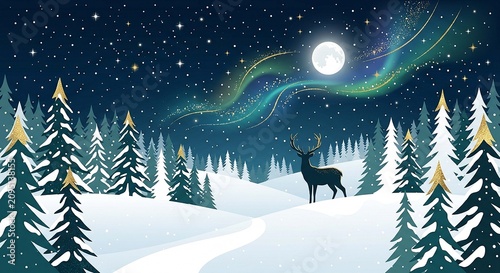 Snowy winter landscape with aurora borealis, moon and deer under starry sky illustration