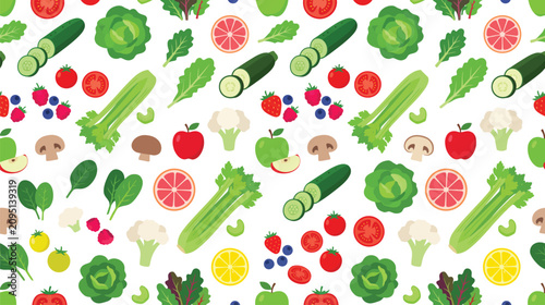Colorful assortment of vegetables and fruits in a playful pattern and seamless background for food and lifestyle visuals.