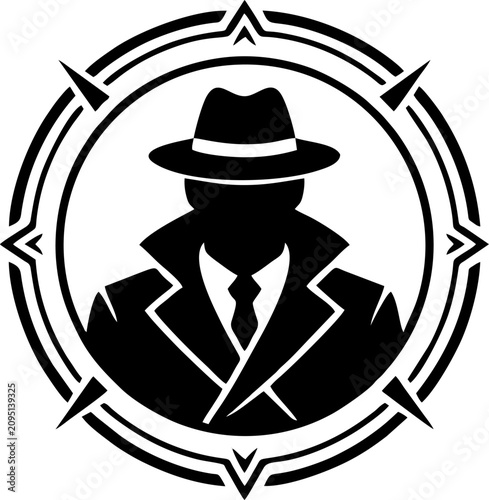 Detective Spy Compass Star Points Circle Badge Fedora Hat Bold Black Vector Emblem