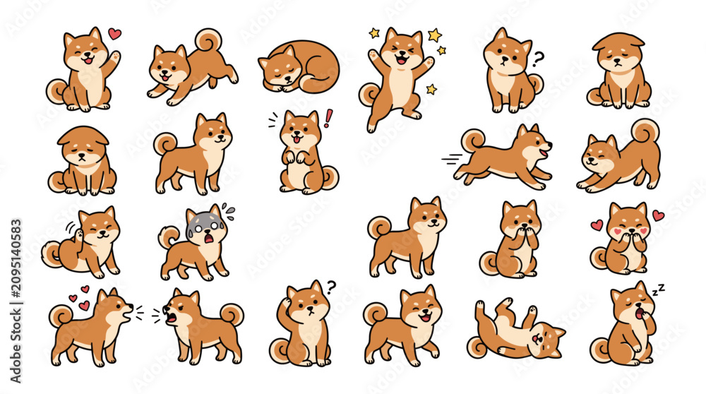 Fototapeta premium Adorable Shiba Inu Dog Cartoon Characters in Various Poses and Expressions.