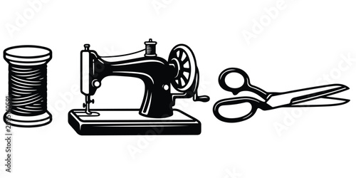 Cuadro en lienzo Sewing machine with spool of thread and scissors