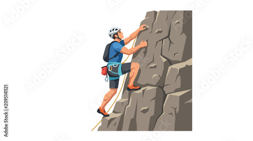 Obraz na plátně Illustration of a rock climber wearing a helmet and harness ascending a steep cliff face with a determined expression